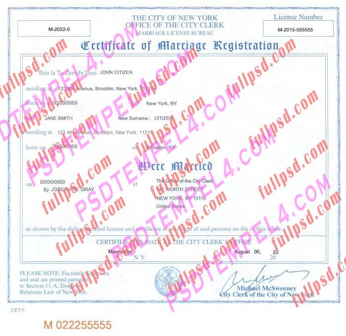 USA new york marriage certificate psd