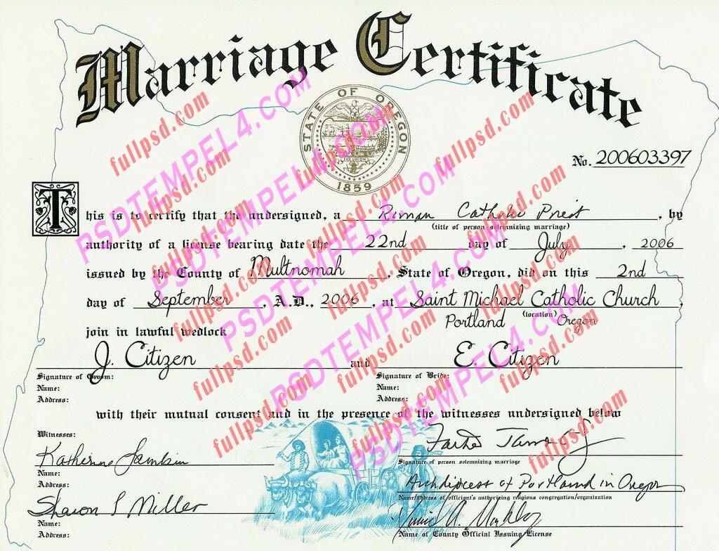USA oregon marriage certificate psd