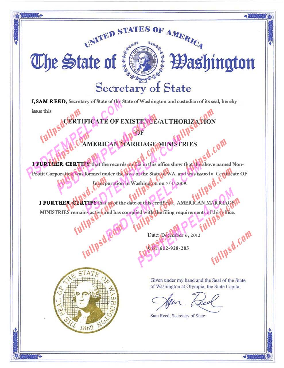USA washington marriage certificate psd V2