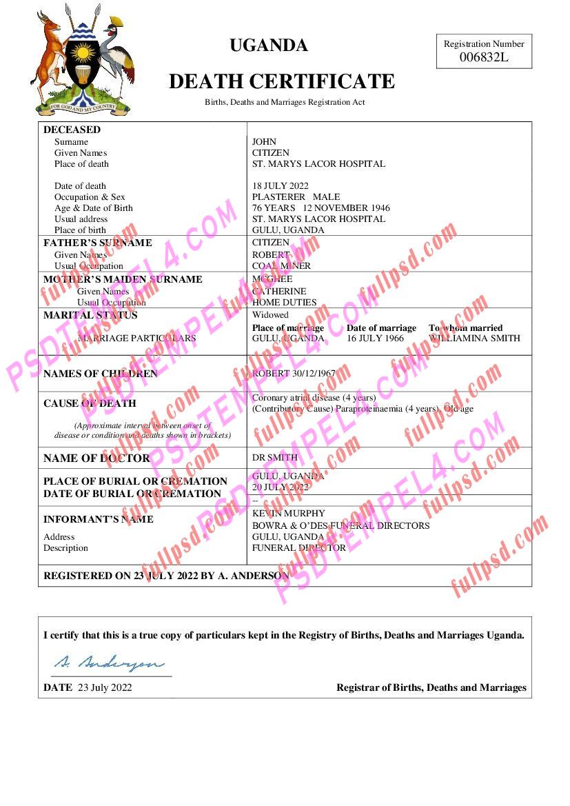 Uganda death certificate pdf and word