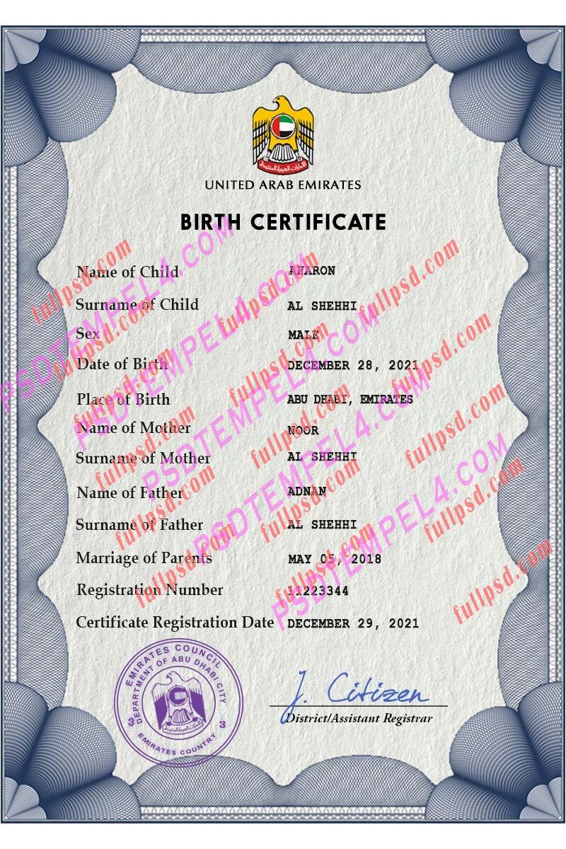 UAE United Arab Emirates Birth certificate PSD