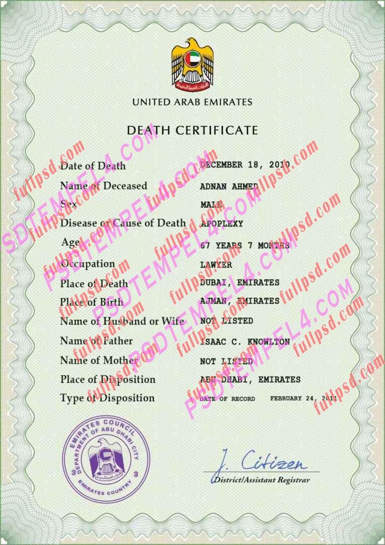 UAE United Arab Emirates death certificate psd