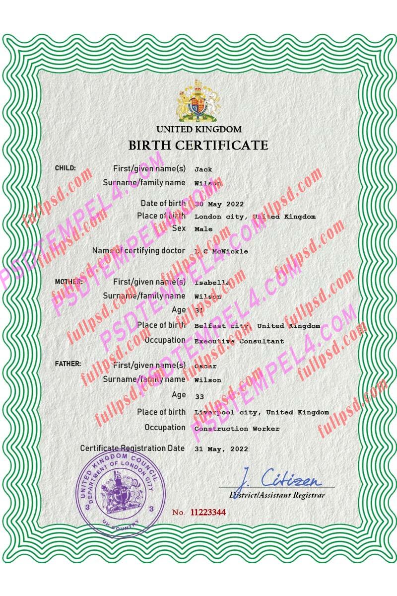 United Kingdom Birth certificate V2 PSD