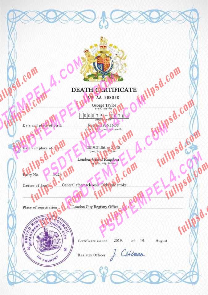 UK United Kingdom death certificate psd