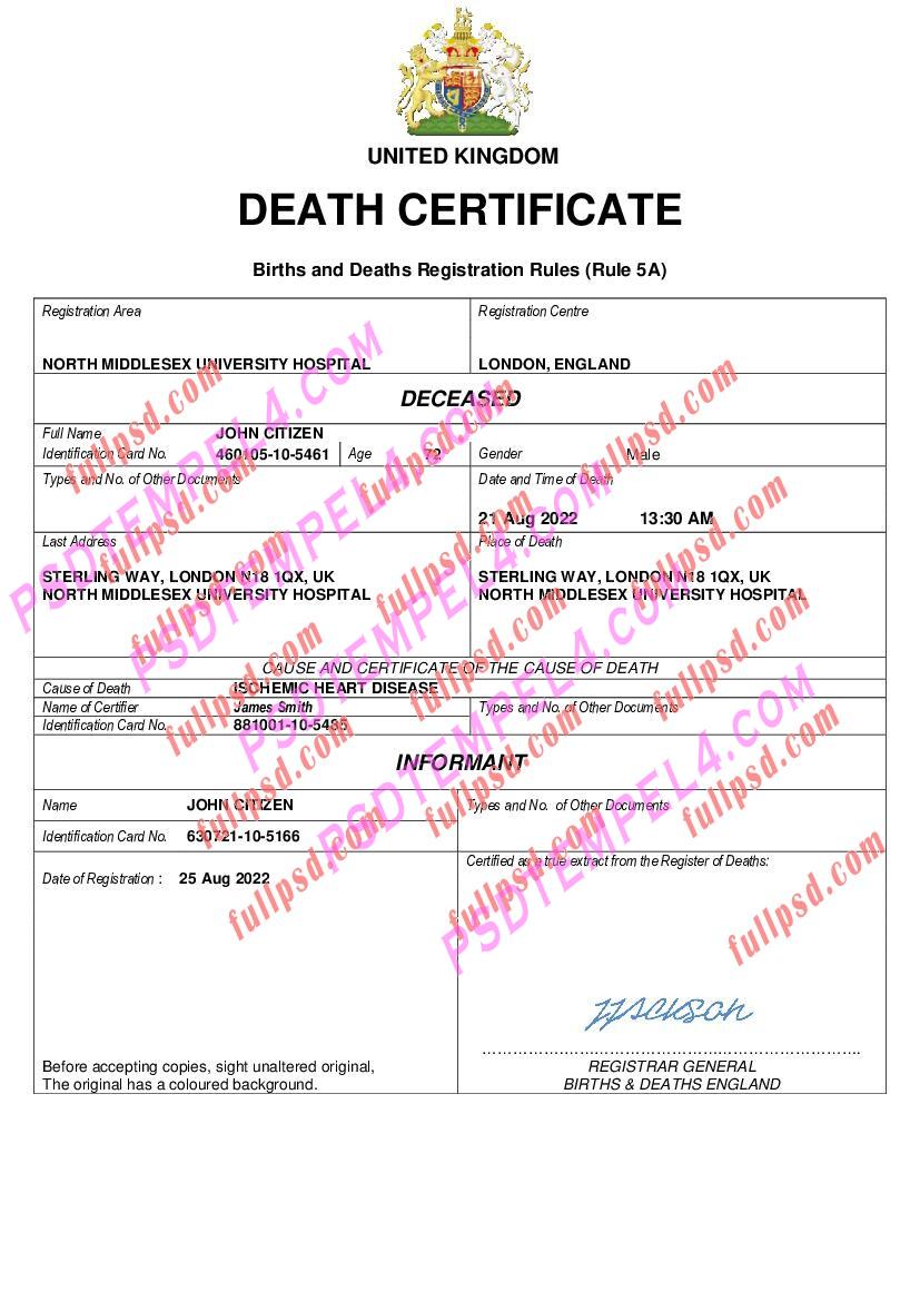UK United Kingdom death certificate pdf and word