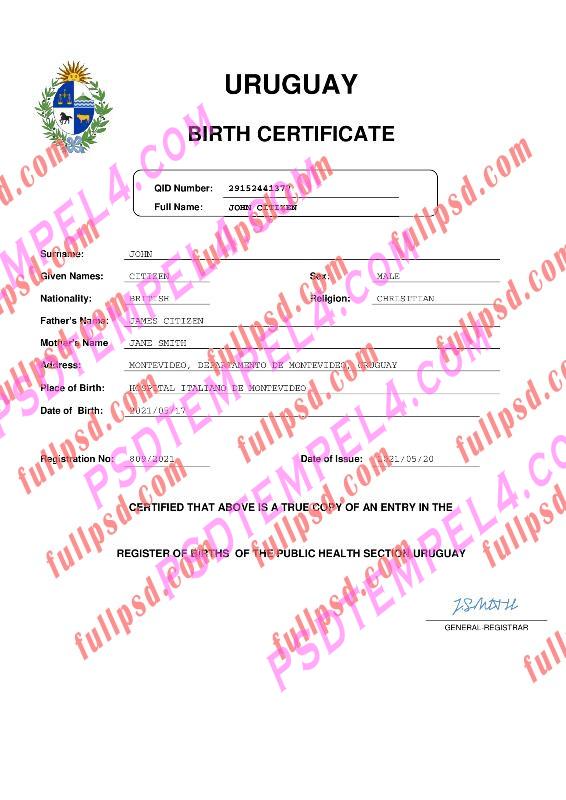 Uruguay Birth certificate pdf and word