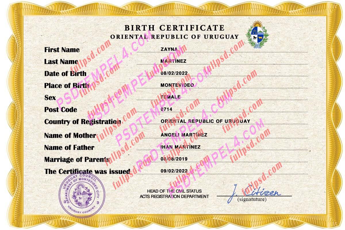 Uruguay Birth certificate PSD