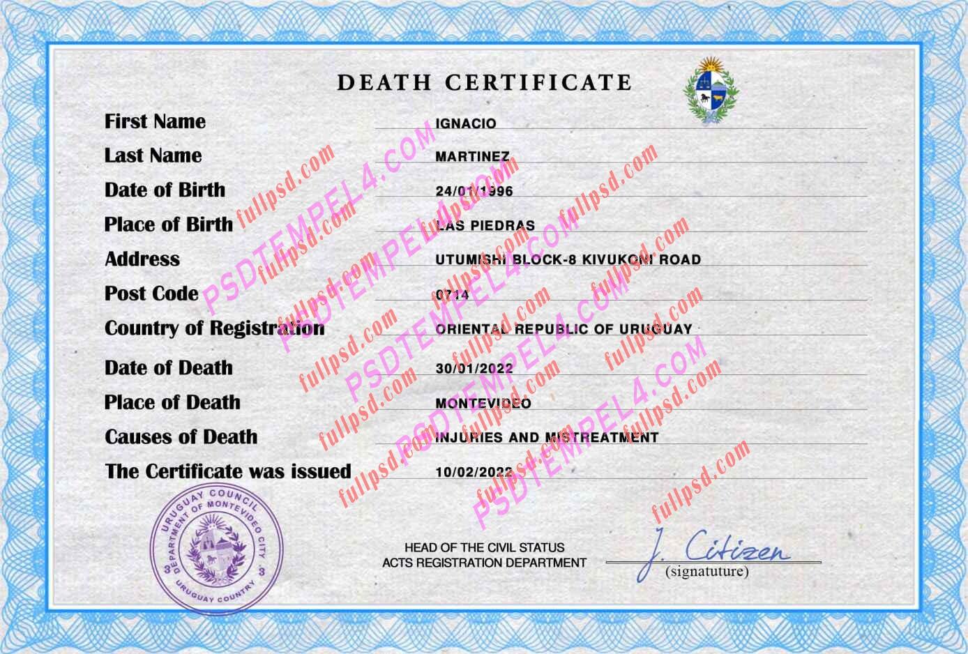 Uruguay death certificate psd