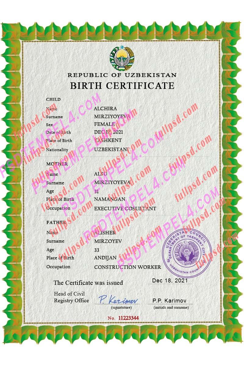 Uzbekistan Birth certificate PSD