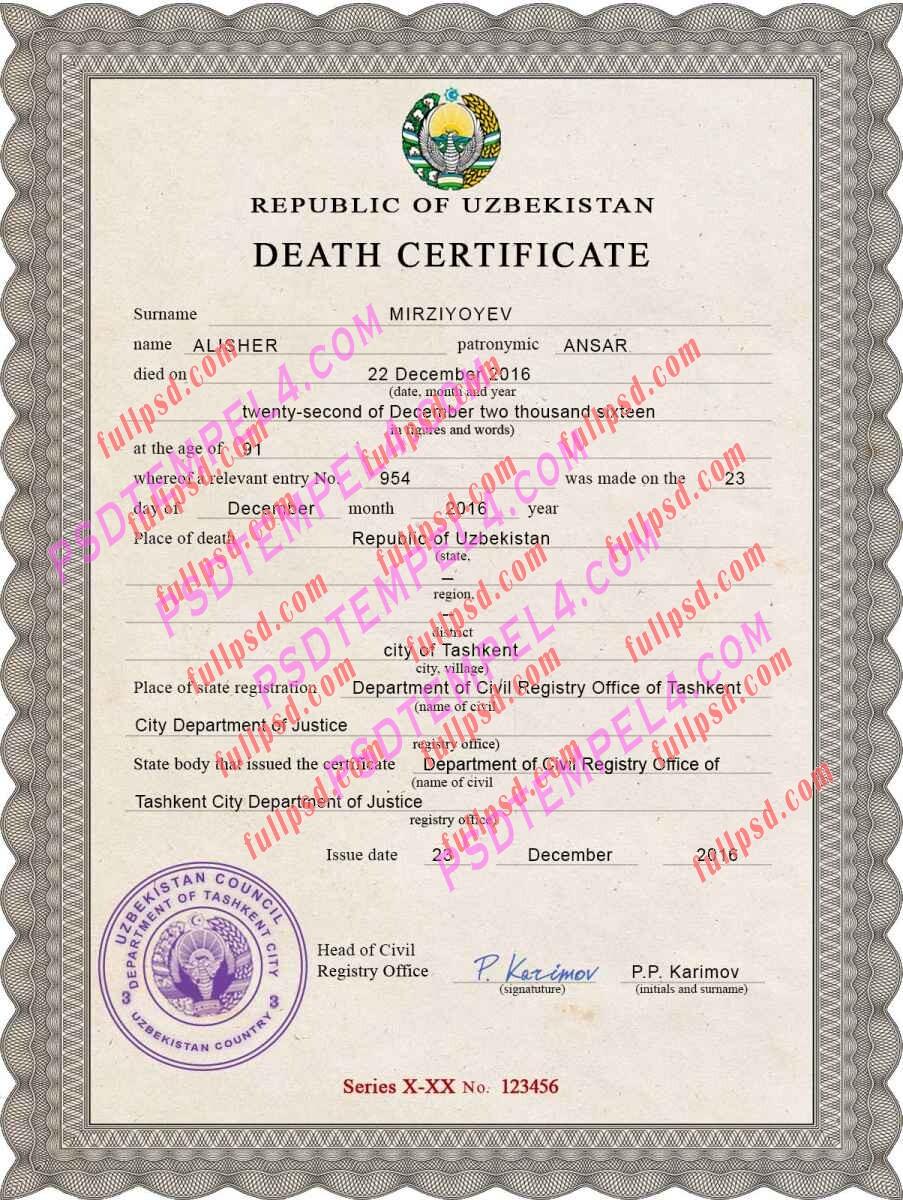 Uzbekistan death certificate psd