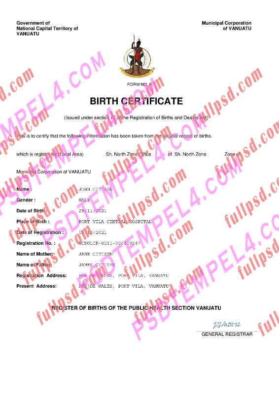 Vanuatu Birth certificate pdf and word