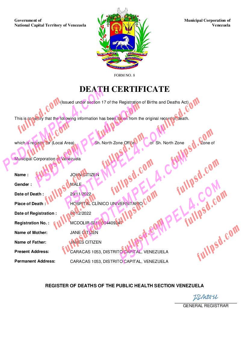 Venezuela death certificate pdf and word