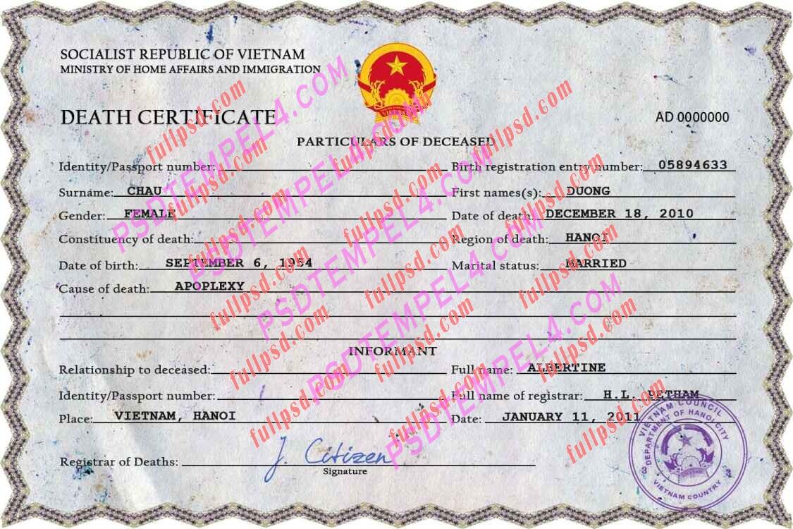 Vietnam death certificate psd