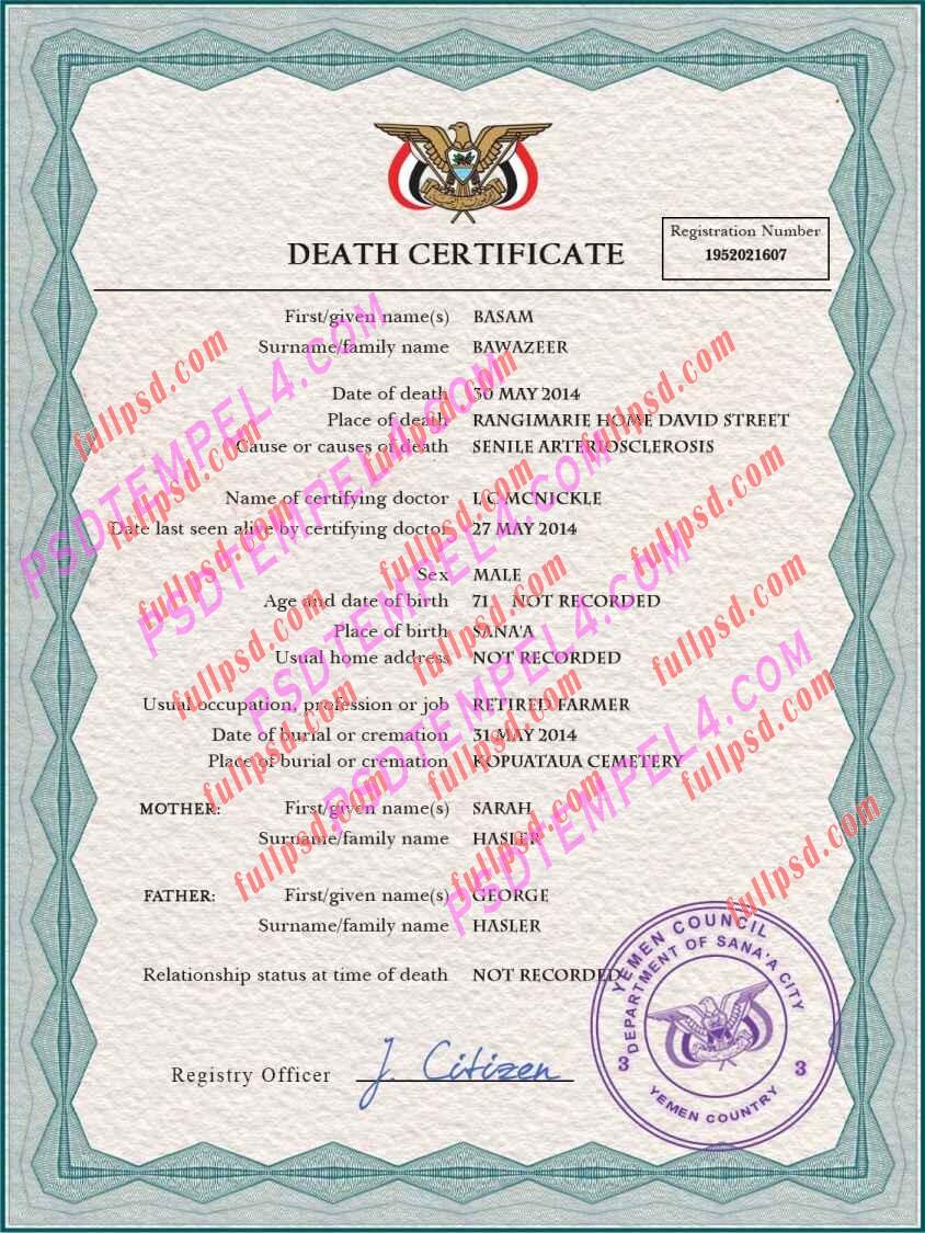Yemen death certificate psd