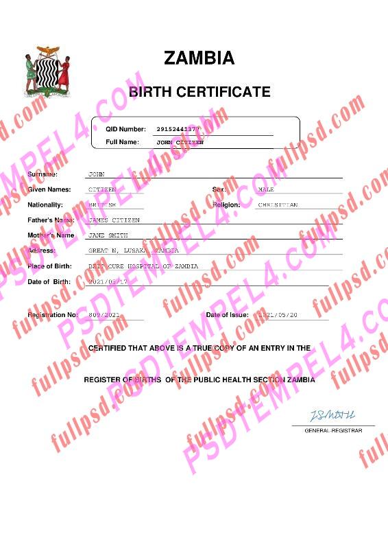 Zambia Birth certificate pdf and word