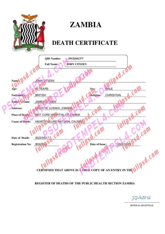 Zambia death certificate pdf and word
