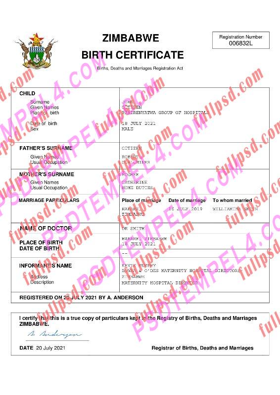 Zimbabwe Birth certificate pdf and word