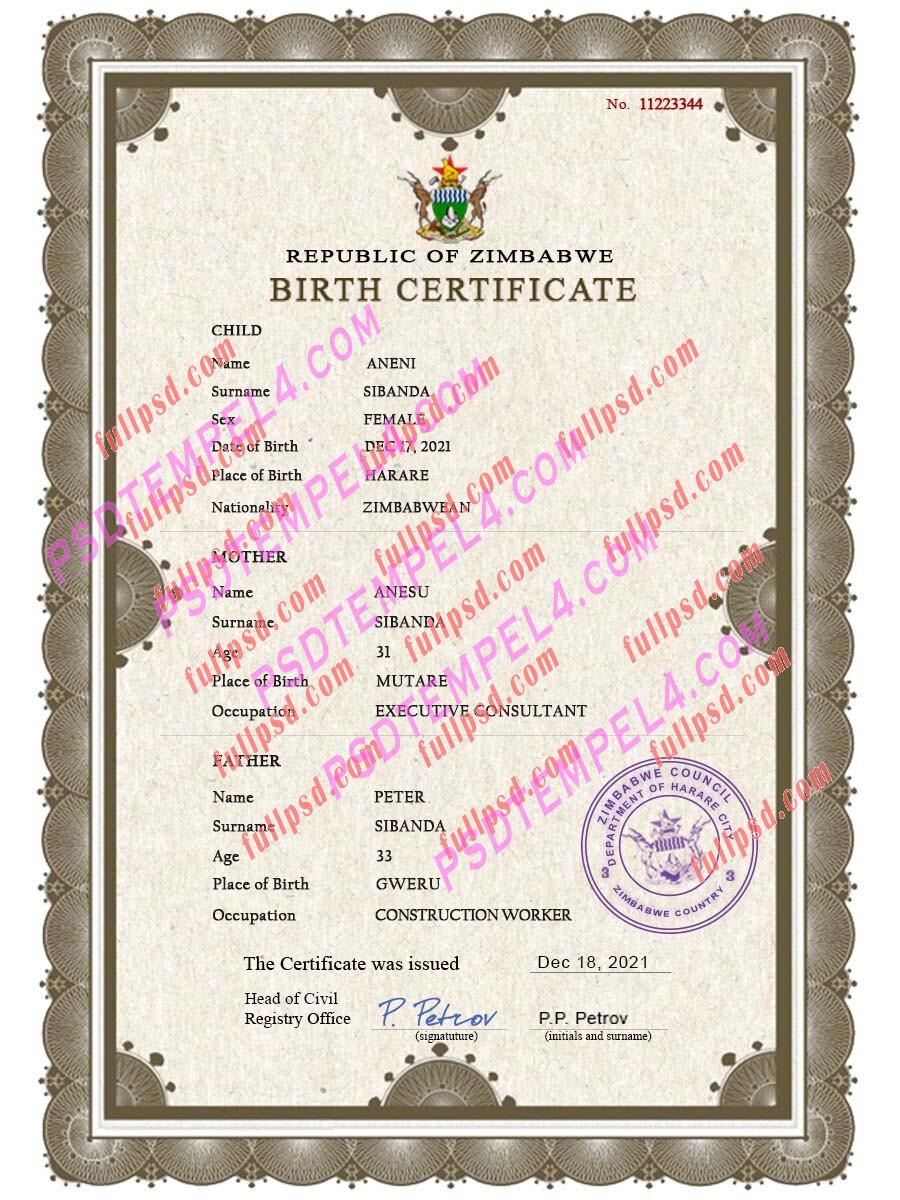 Zimbabwe Birth certificate V2 PSD