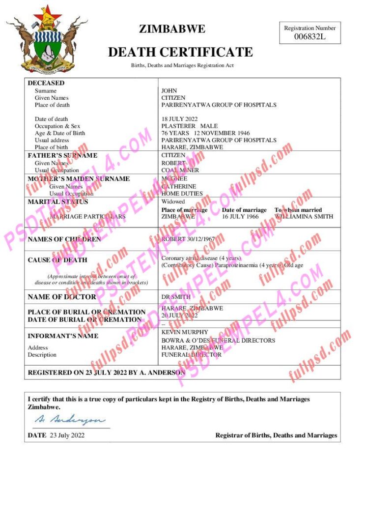 Zimbabwe death certificate pdf and word