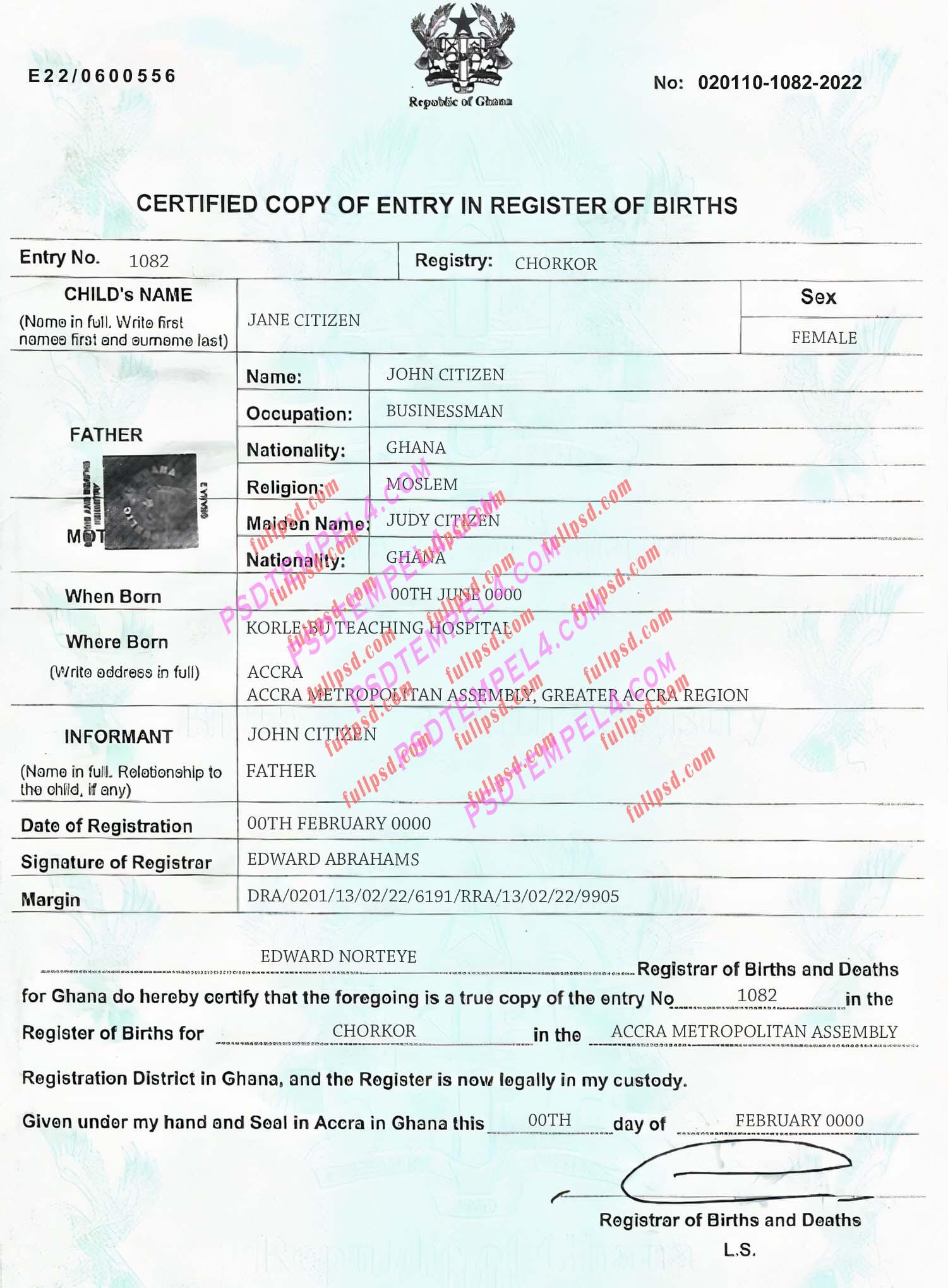 Ghana Birth certificate V1 PSD