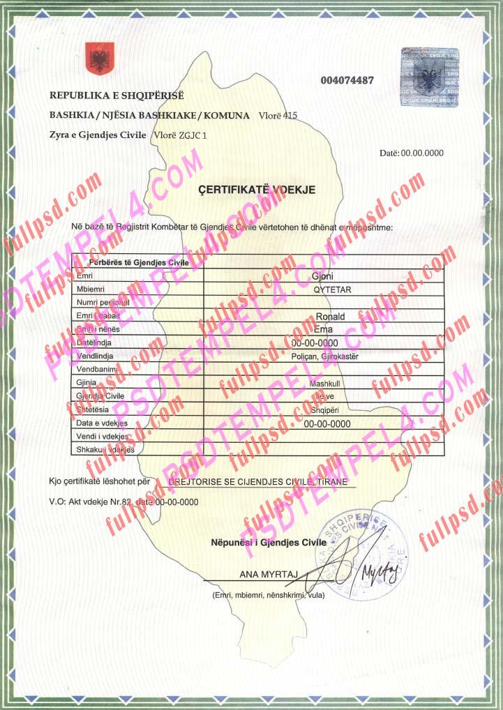 Albania death certificate V1 psd