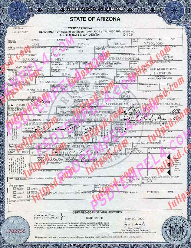 USA arizona death certificate psd