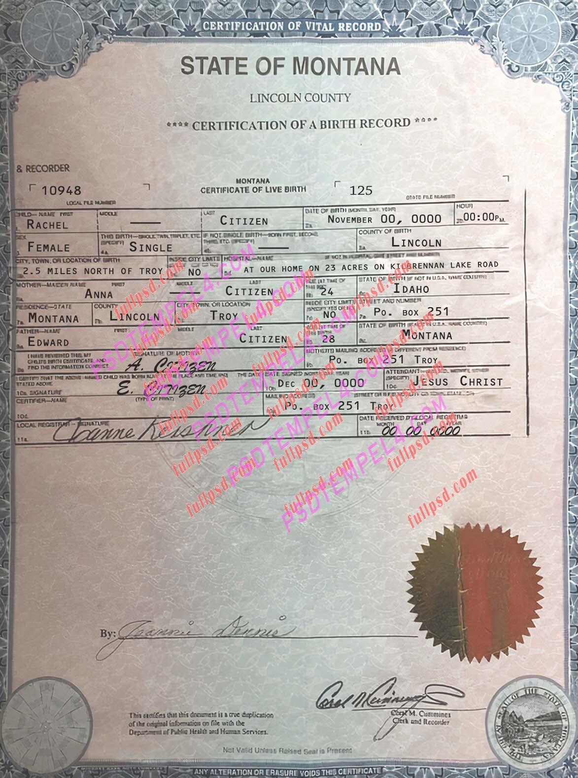 USA Montana Birth certificate PSD