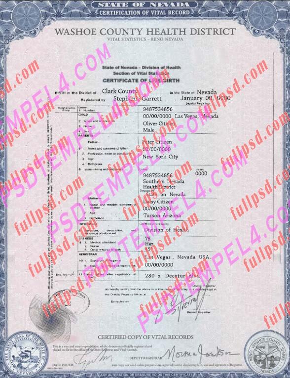 USA nevada Birth certificate PSD