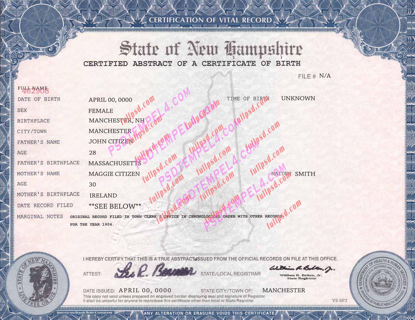 USA ew hampshire Birth certificate PSD