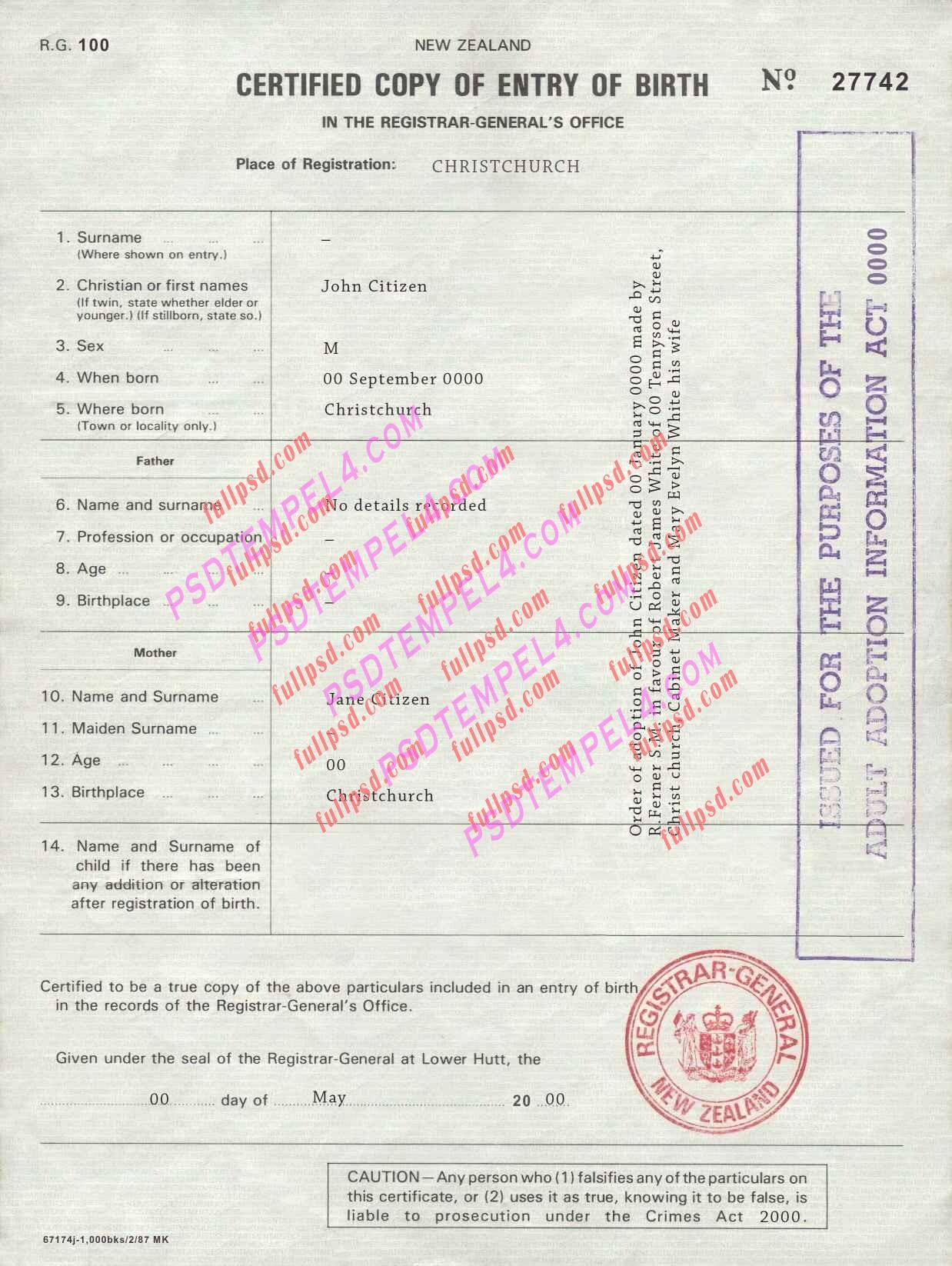 New Zealand Birth certificate V1 PSD