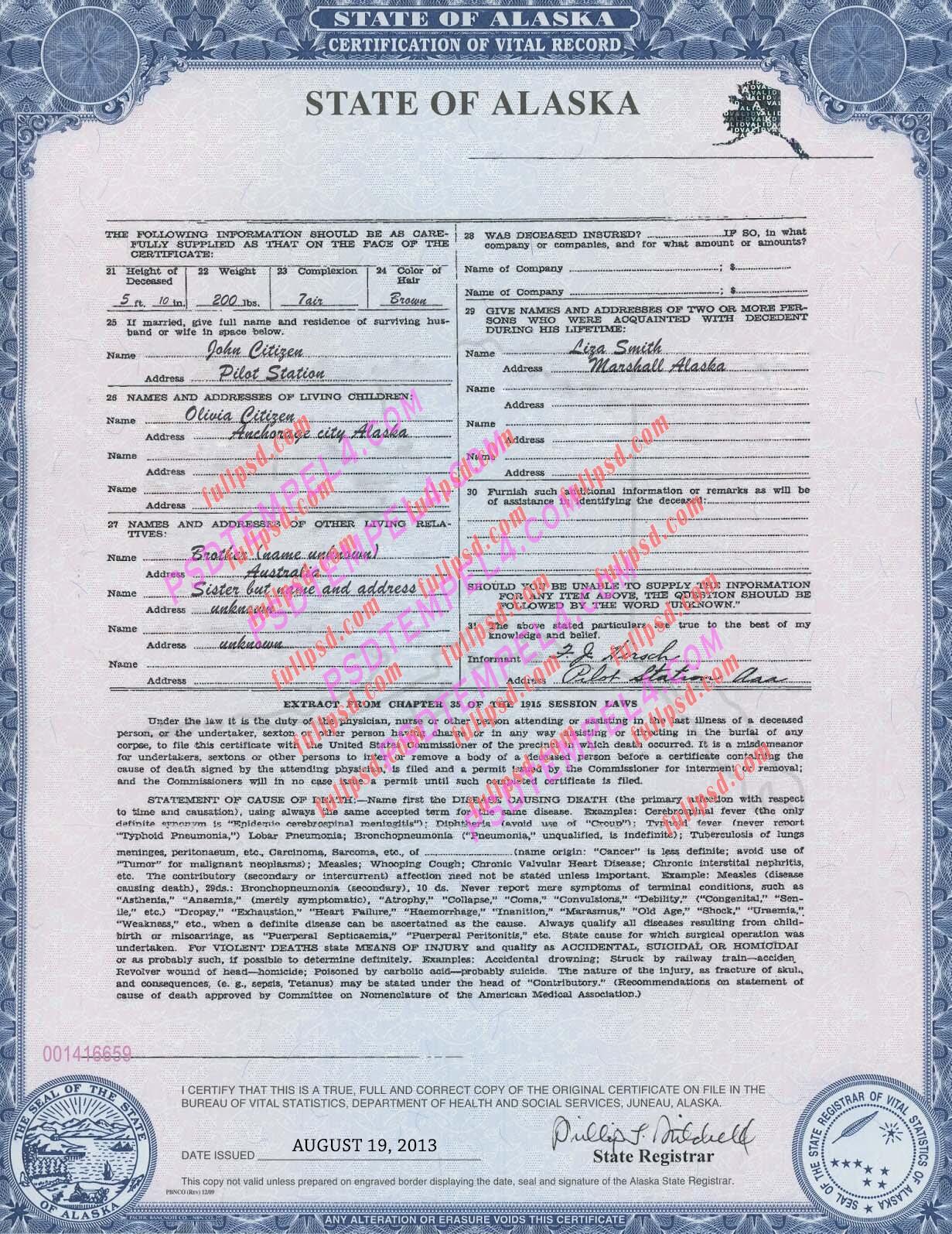 USA alaska Birth certificate PSD