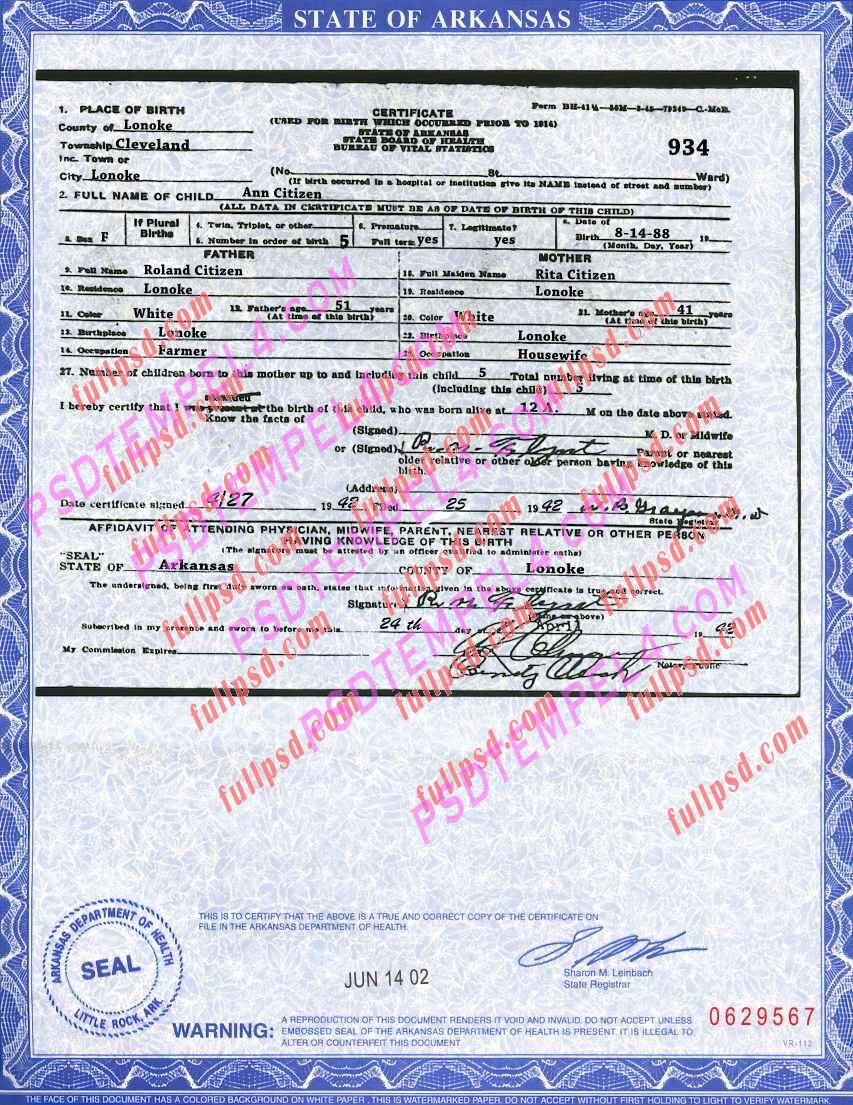 USA arkansas Birth certificate PSD