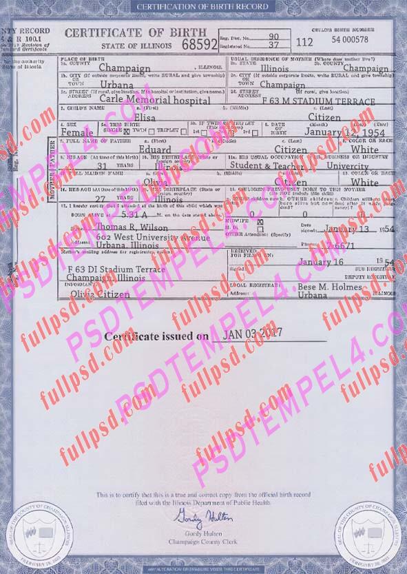 USA illinois Birth certificate PSD