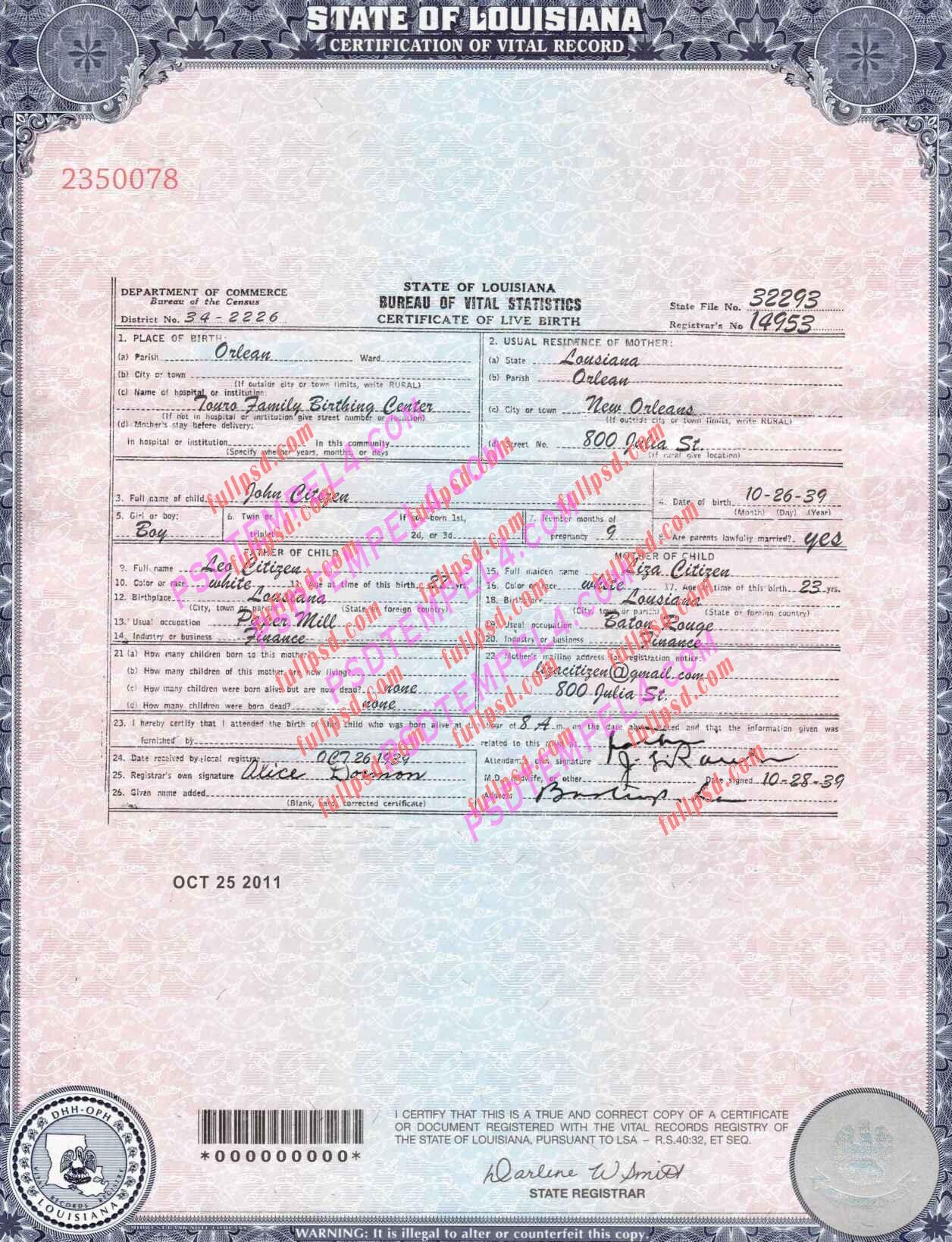 USA louisiana Birth certificate PSD