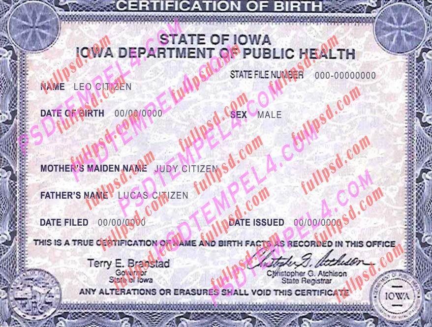 USA lowa Birth certificate leo PSD