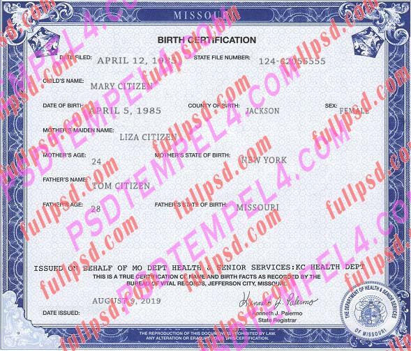 USA missouri Birth certificate PSD