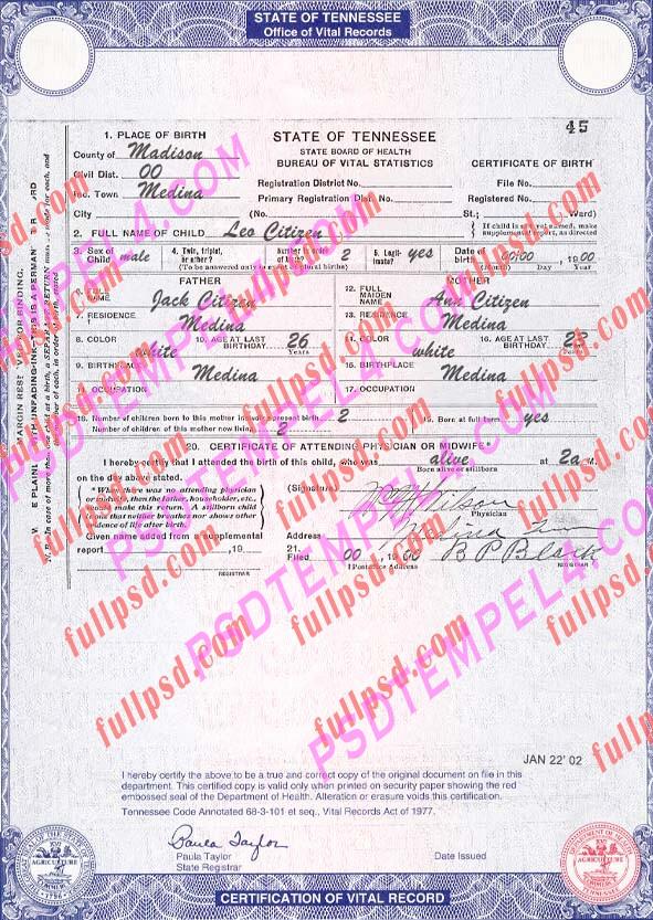 USA tennessee Birth certificate PSD