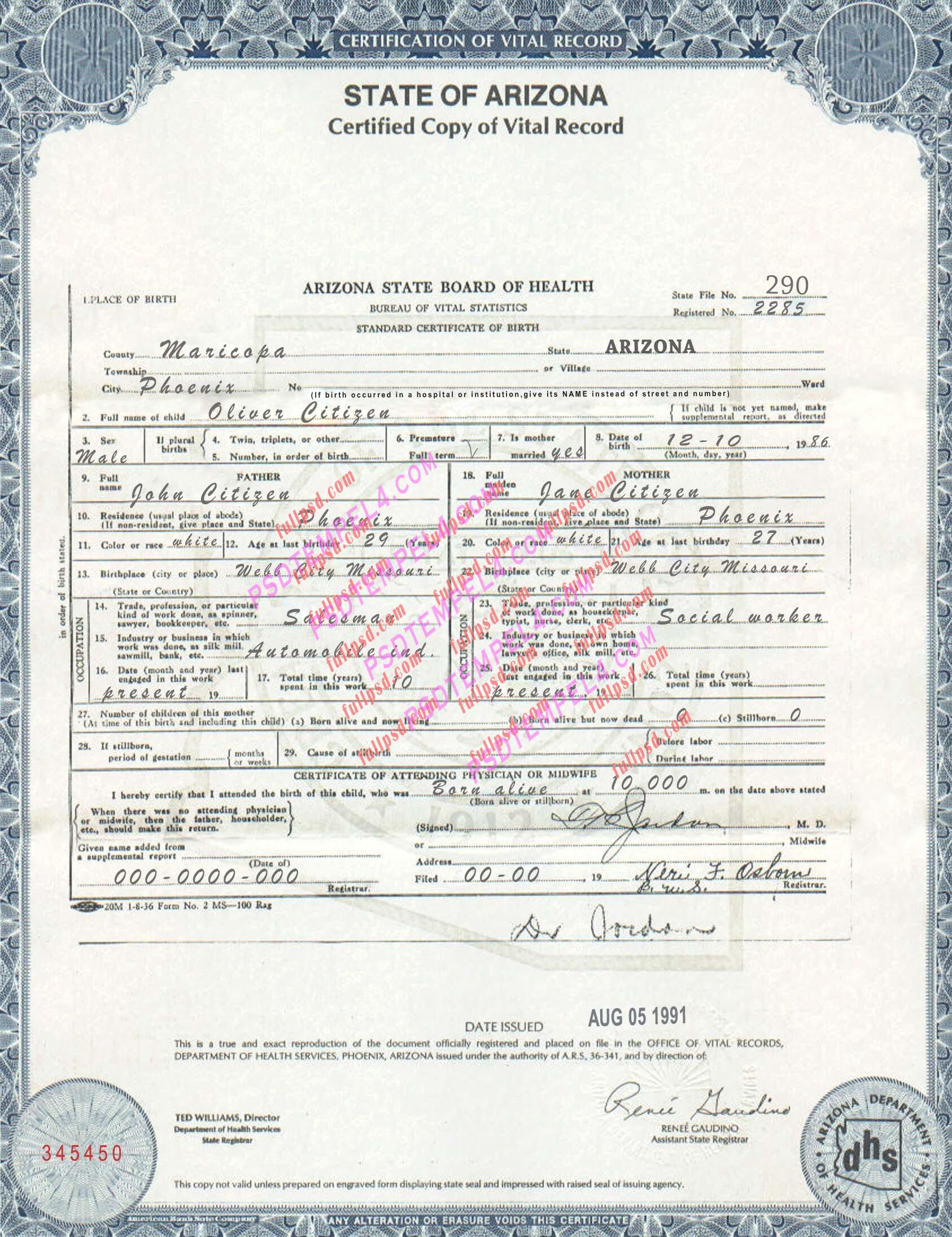 USA arizona Birth certificate PSD