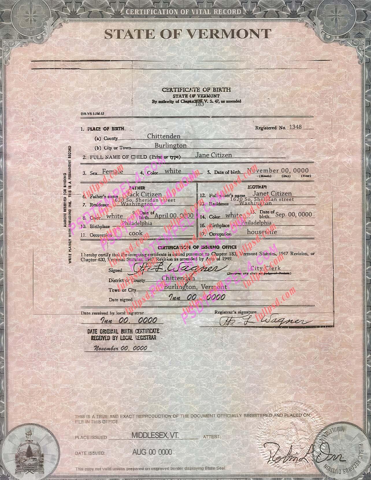USA vermont Birth certificate PSD