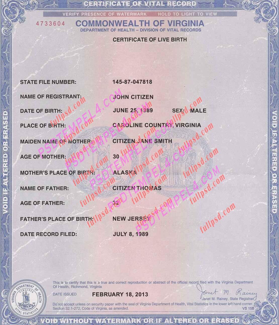 USA virginia Birth certificate PSD