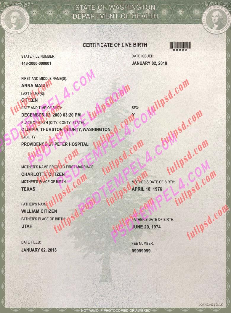 USA washington Birth certificate V1 PSD