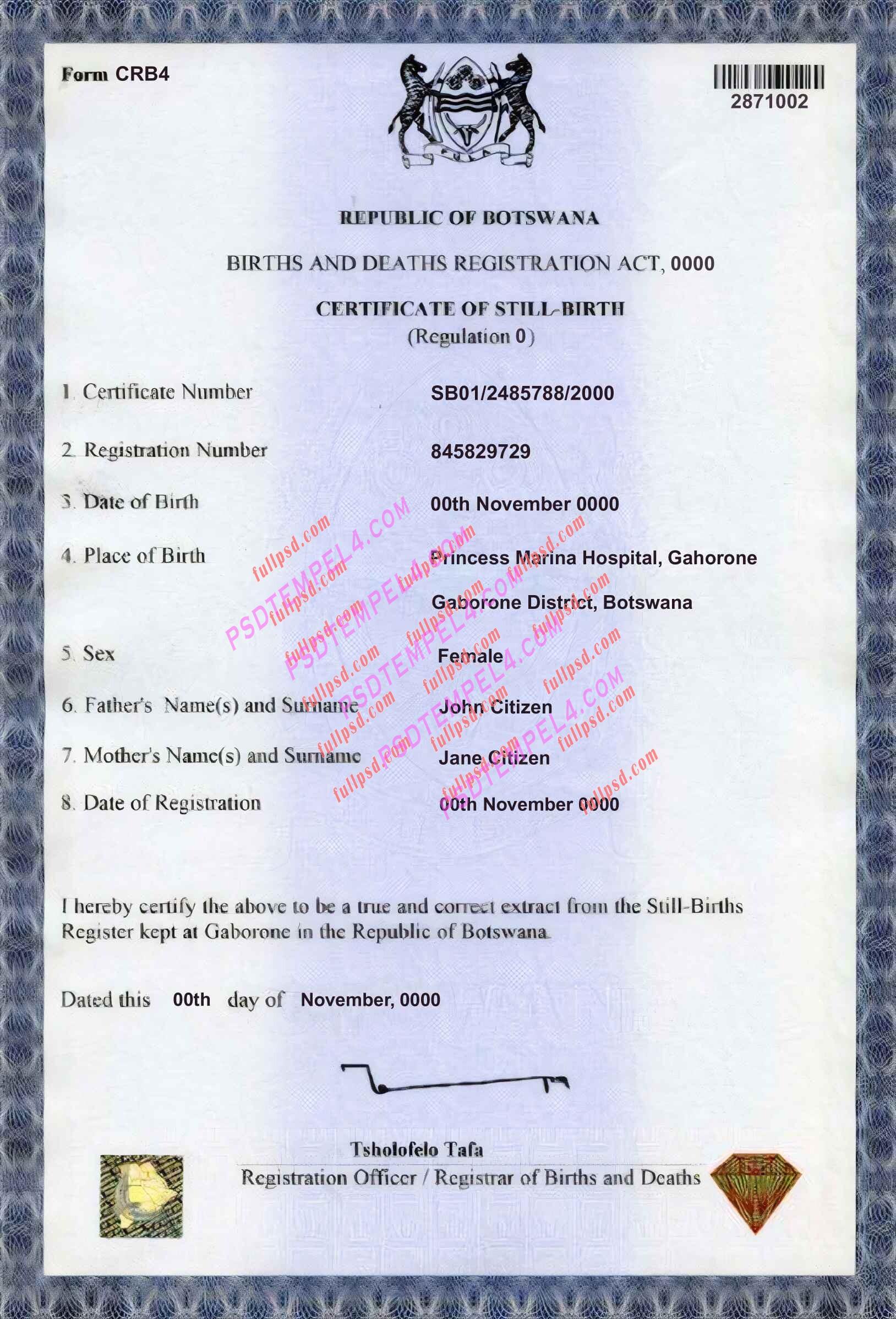 Botswana Birth certificate V1 PSD