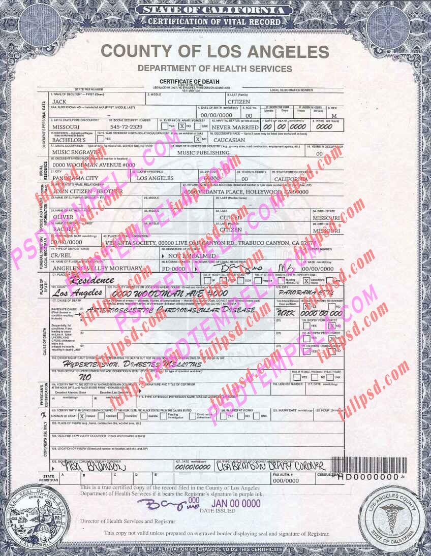 USA california death certificate V2 psd