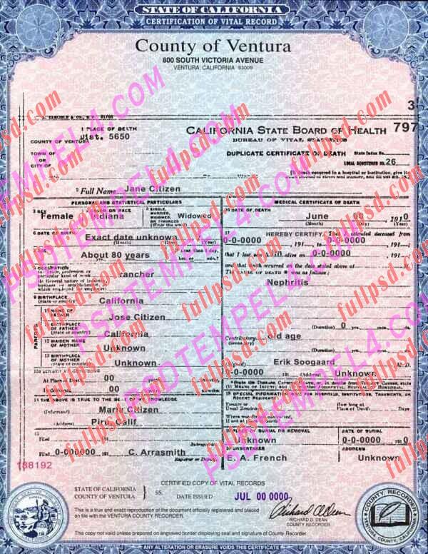 USA california death certificate V1 psd
