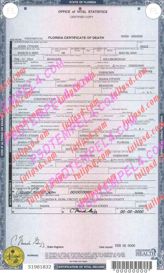 USA florida death certificate psd