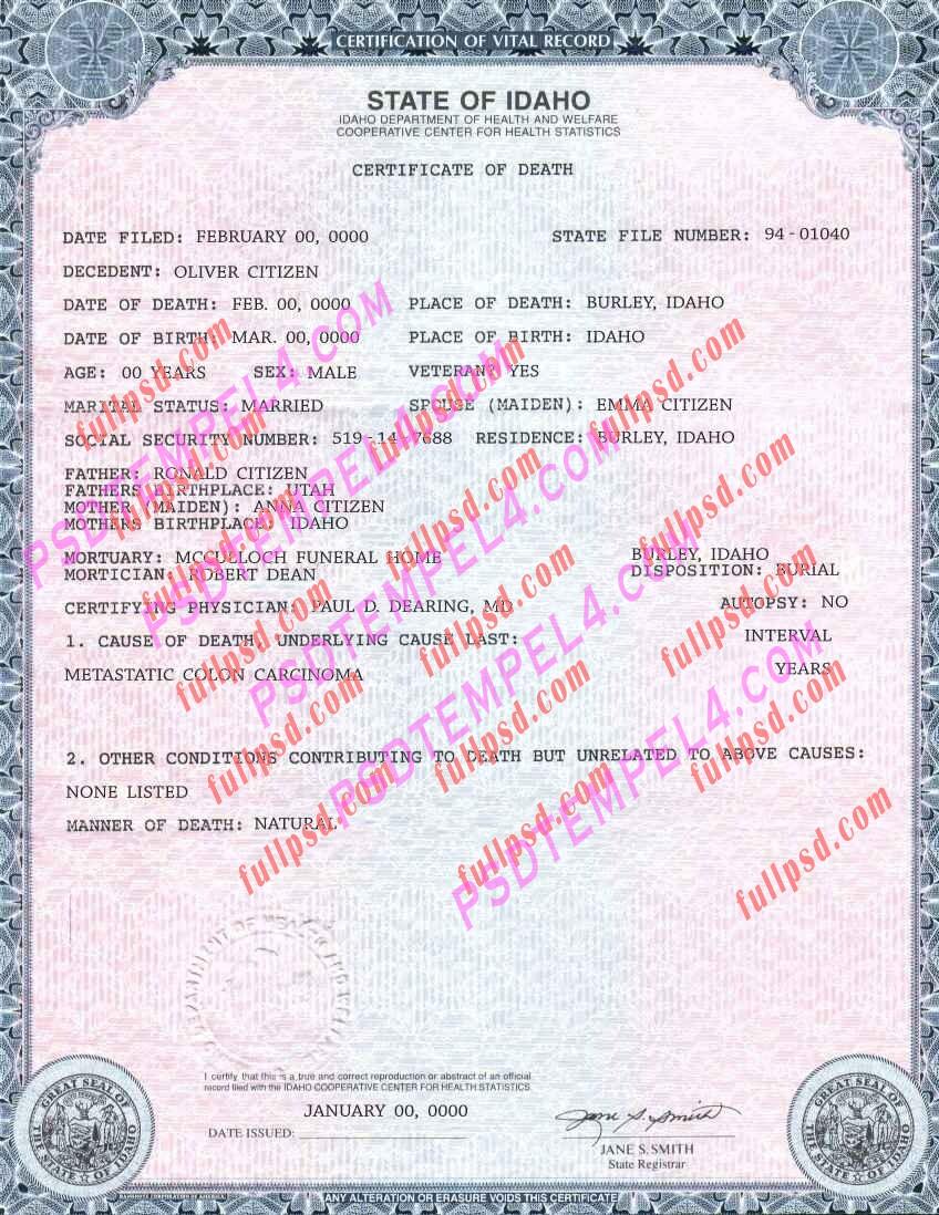 USA idaho death certificate psd