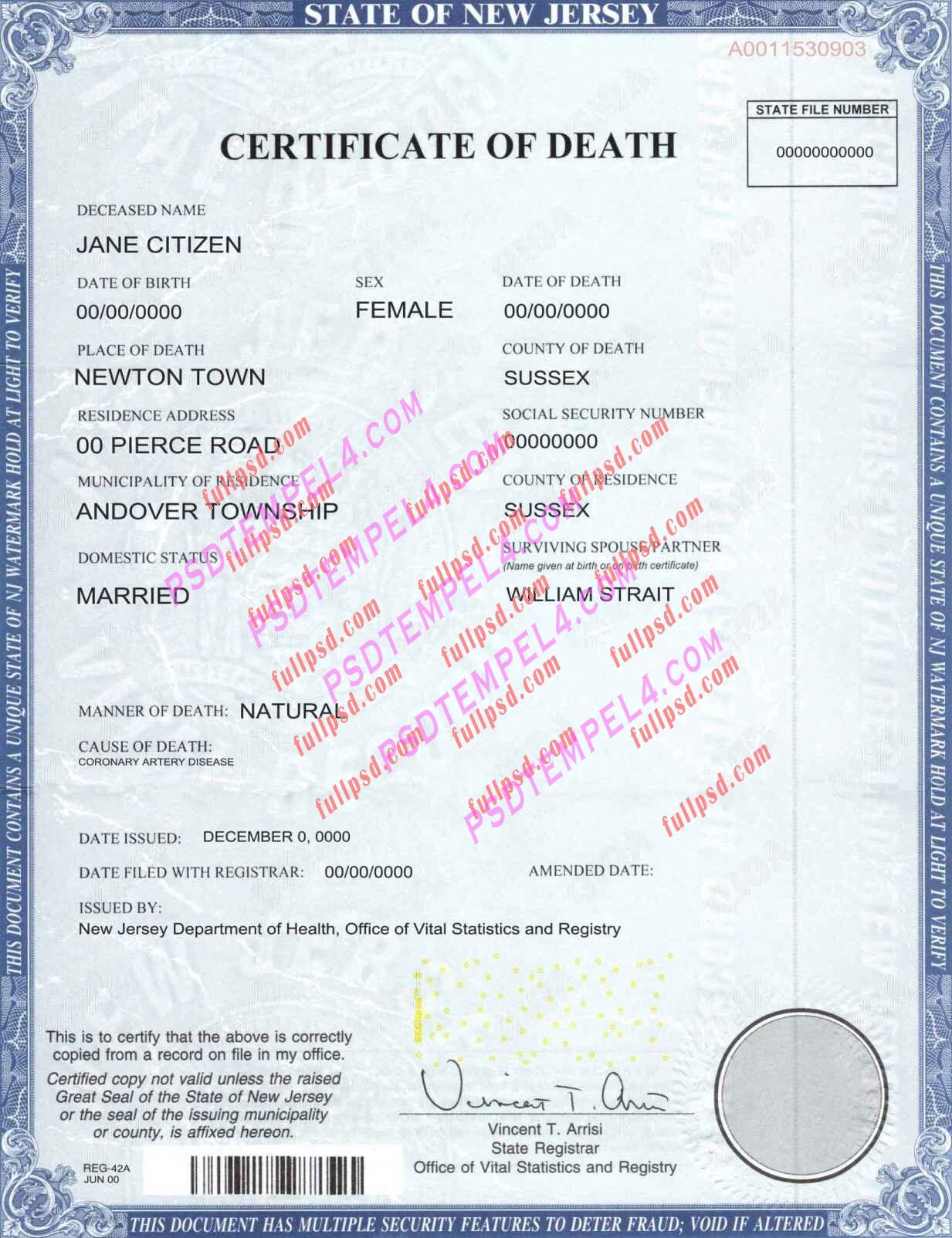 USA new jersey death certificate psd