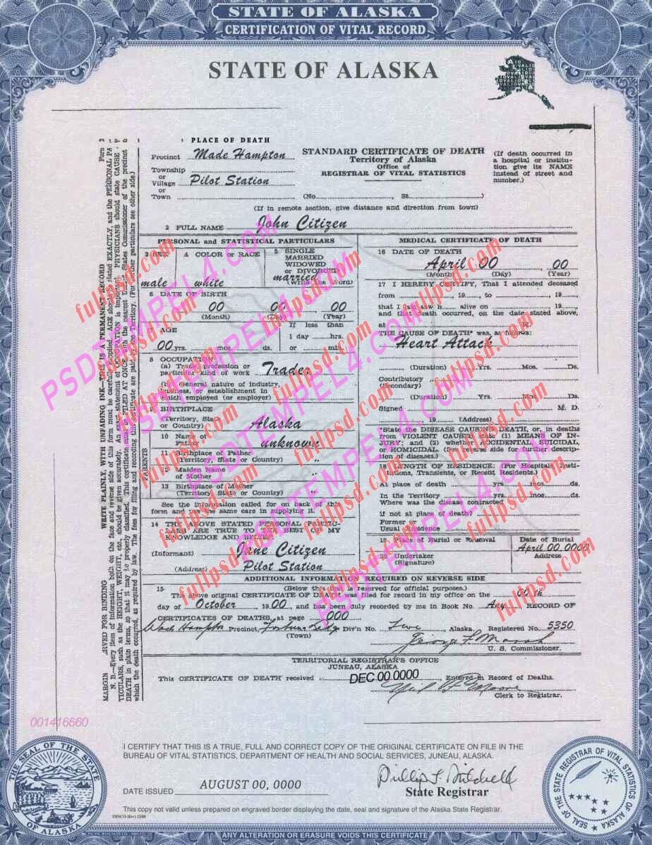 USA alaska death certificate. psd