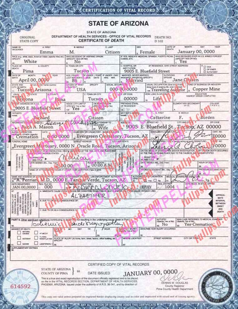 USA arizona death certificate psd