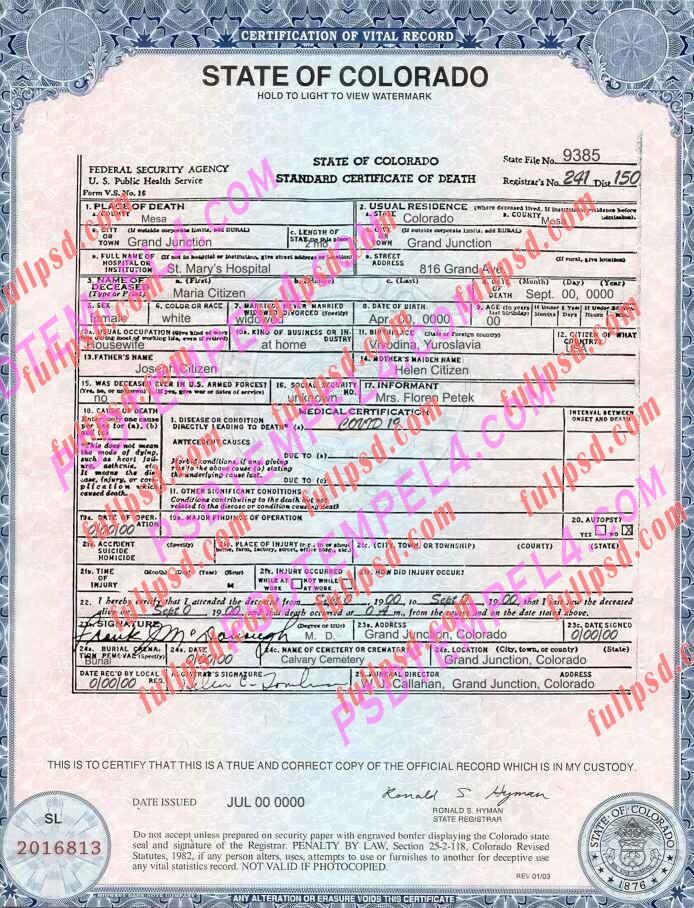USA colorado death certificate psd